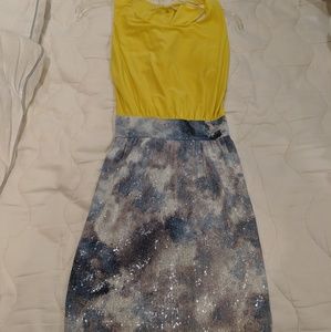 Yellow, blue, and silver cocktail dress